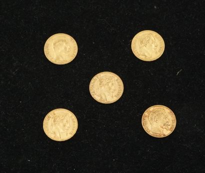 null 5 pièces de 20 francs or Napoléon III (1863, 1866 (x2), 1855, 1859). Poids total...