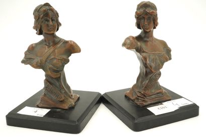 null ZOLLÉ, Sirène, paire de bustes de femme en bronze à patine médaille, signés...