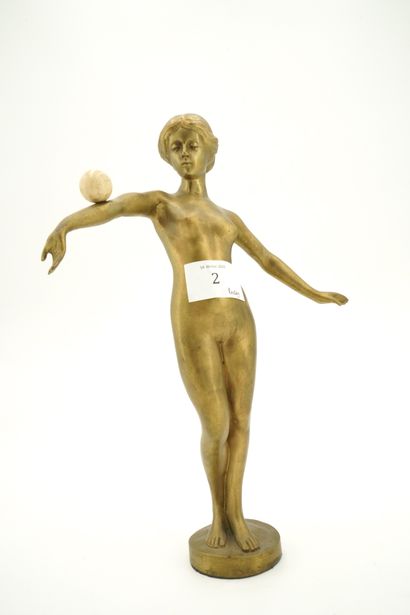 null Paul SCHMIDT-FELLLING (1835-1920), Femme nue à la balle, bronze à patine dorée,...