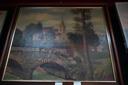 null G. GUILLOR ( XX) Paysage au pont et à l'église, huile sur toile signée en bas...