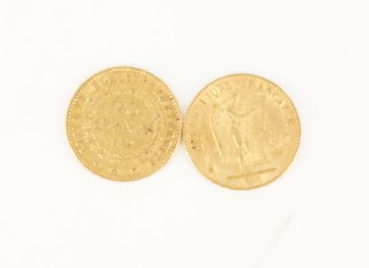 null Deux pièces de 20 francs or 1876 et 1877. Poids total : 12,9 grammes.