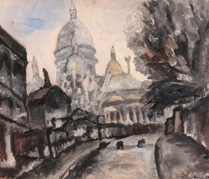 René Emmanuel MARCA (1893-1962) Le Sacré-Coeur, Montmartre
卡片上的油画，右下方有签名和日期29。1929年。
46...