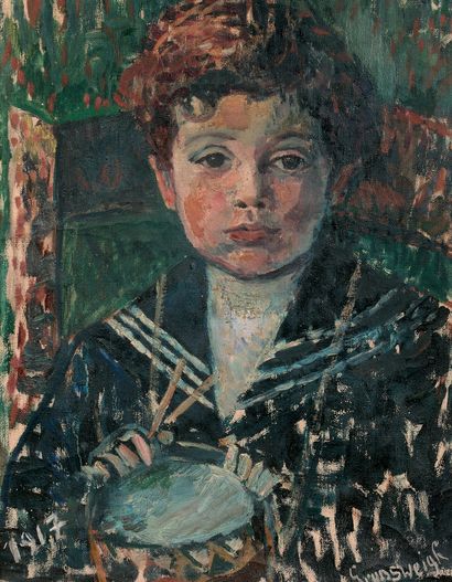 Nathan GRUNSWEIGH (1880-1956) Daniel Grunzweig的肖像，孩子（画家的儿子）
布面油画，右下角有签名和日期。
约1918-1920。
意外，孔，修复。
46...