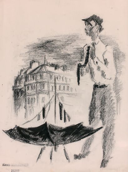 Alexis HINSBERGER (1907-1996) 巴黎的乌鸦，带伞的领带卖家
一对纸上炭笔和水粉画，其中一幅右下方有签名并位于 "巴黎"，另一幅左下方有艺术家的印章。
20世纪下半叶。
31...