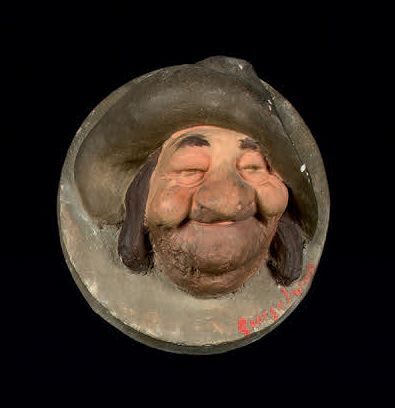 GEORGES LAPORTE (1845-1926) Caricature portrait of a character with a hat. Plaster...