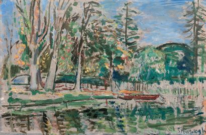 Nathan GRUNSWEIGH (1880-1956) Lac des Ibis au Vésinet c. 1920-1930.
Huile sur carton,...