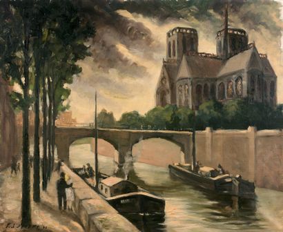 F.J. D'HEME (XXe SIÈCLE) 巴黎圣母院，蒙特贝罗码头景色
布面油画，左下方有签名和日期42。
60 x 73 cm