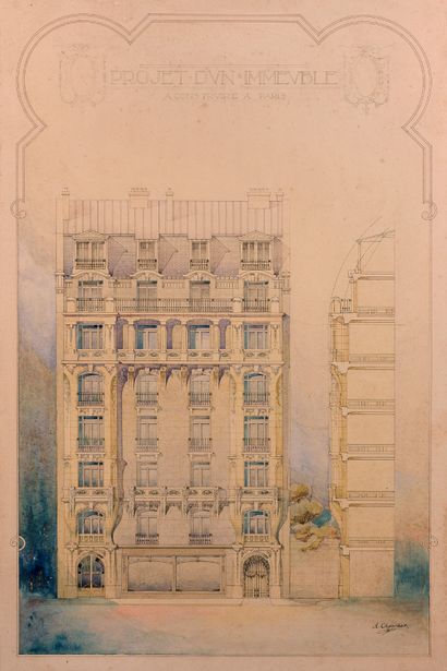 ANTOINE CHAUCHAT (1869-?) 用铅笔、墨水和水彩画的建筑图，右下角有签名，标题为 "Projet d'un immeuble à construire...