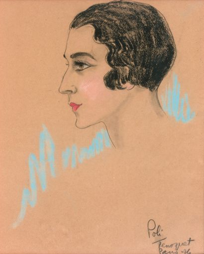 POLI 一个女人的侧面肖像，1926年
用粉彩、木炭、铅笔绘制，有签名，位于 "巴黎"，右下角有日期。
29 x 23 cm。