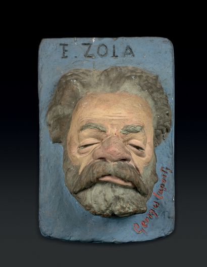GEORGES LAPORTE (1845-1926) Caricature portrait of Emile Zola. High relief of plaster,...