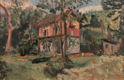 Nathan GRUNSWEIGH (1880-1956) 画家在Le Vésinet的房子，3, rue Sainte Marie
面板油画。约1920-1930。18.4...
