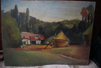 null Janine MARCA (1921-2013), peinture sur bois figurant un paysage.