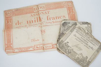 null Lot composé d'un assignat de 1000 francs (crée le 18 Nivôse l"an 3ème de République)...