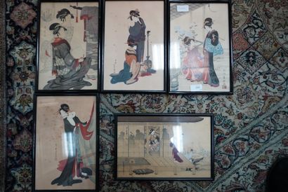 null Suite de cinq estampes japonaises représentant des femmes dans des jardins.