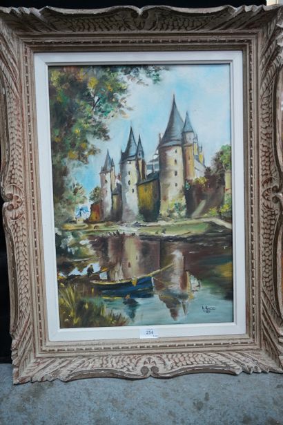 null H. ROCHER "Chateau en bord de rivière", Huile sur toile signée et datée "1961"...