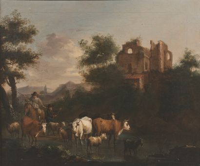 ATTRIBUÉ À JOHANNES VAN DER BENT (AMSTERDAM 1650-1690) La rentrée du troupeau
Toile.
54...