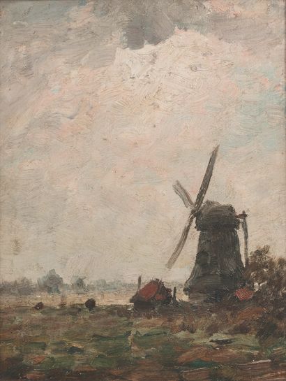 Alphonse STENGELIN (1852-1938) 有磨坊的风景
板面油画，左下方签名。
29.5 x 21 cm。