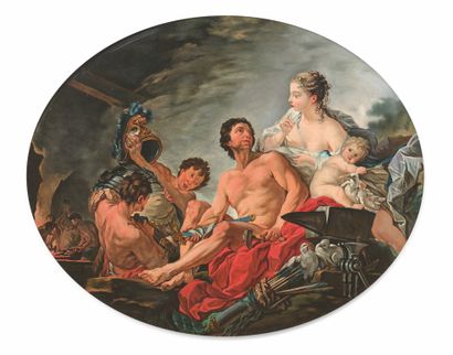 ÉCOLE FRANÇAISE DU XIXE SIÈCLE D'après François Boucher 火神的熔炉
布面油画，椭圆形，有衬里。
80 x...
