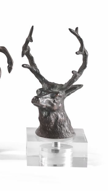 Marcel BONNOT AUTOMOBILE MASCOTTE Bronze with brown patina, featuring a deer's head.
Signed.
Height:...