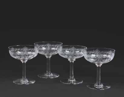 SAINT-LOUIS SUITE OF 24 CHAMPAGNE Goblets Crystal engraved with a frieze of ribbons...