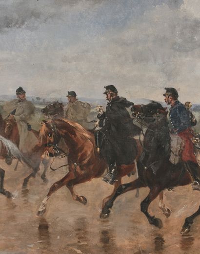 Henry Louis DUPRAY (1841-1909) 骑兵团
布面油画，右下角有签名。
60 x 86 cm。
划痕。