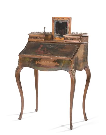 null BUREAU DE PENTE Molded wood with Martin varnish decoration of landscapes and...
