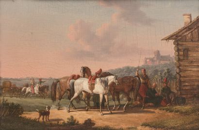 BERNARD EDOUARD SWEBACH (1800-1870) Halte des cavaliers orientaux
Huile sur bois,...