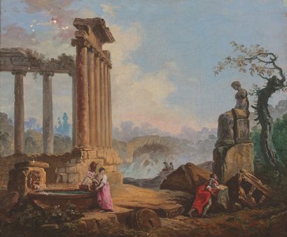 Ecole Française du XVIIIe siècle dans le goût d'Hubert Robert People in a ruined...