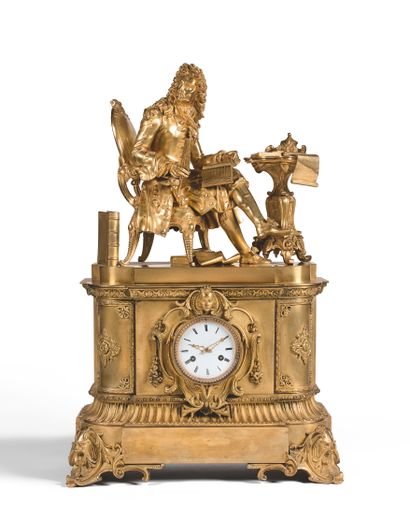 null IMPORTANT Gilded bronze CLOCK, the white enamelled dial with Roman numerals,...