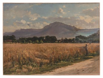 JACQUES LOUIS GAY (1851-1925) 风景中的收割者，93
布面油画，有内衬，左下方有签名和日期。
60 x 80 cm。