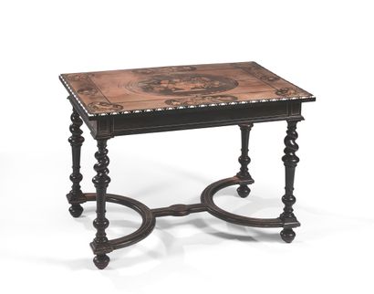 null WRITING TABLE Wood veneer, the rectangular top inlaid with a flowering vase...