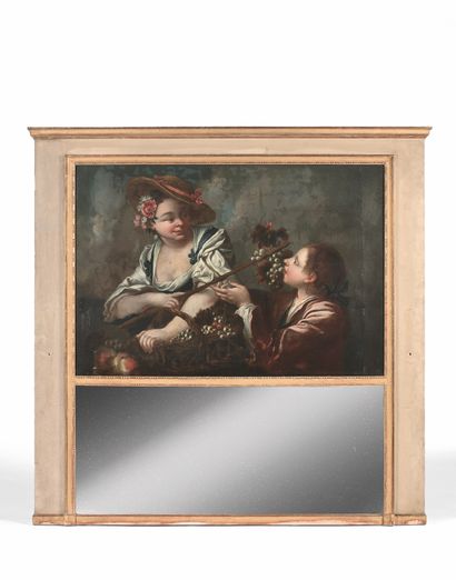 Ecole Italienne du XVIIIe siècle 女人拿着一串葡萄给一个年轻人
布面油画。
78 x 114 cm。
重新翻拍，放大，镶嵌在trumeau中。
trumeau的尺寸：143.5...