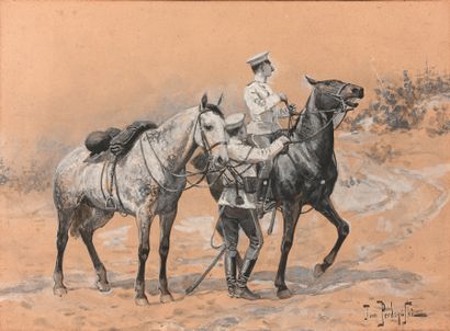 JAN PERDZY?SKI (1869-1902) 马背上的俄罗斯士兵
纸上水彩和水粉画，右下角有签名。
视线：25 x 34.5厘米。
安装在一个passe...
