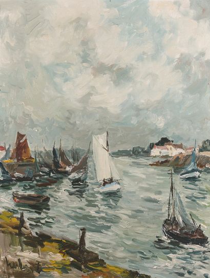 Fernand HERBO (1905-1995) 白帆
布面油画，左下方有签名。
框架上有签名和标题。
65 x 50 cm。
这幅画可能是在1982年1月展...