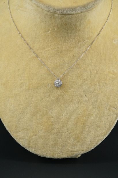 TIFFANY & CO 
铂金项链（千分之九十五），精致的forçat链子上有一个圆形吊坠，上面镶嵌着一颗现代切割的钻石，周围有11颗现代切割的小钻石。
。总...