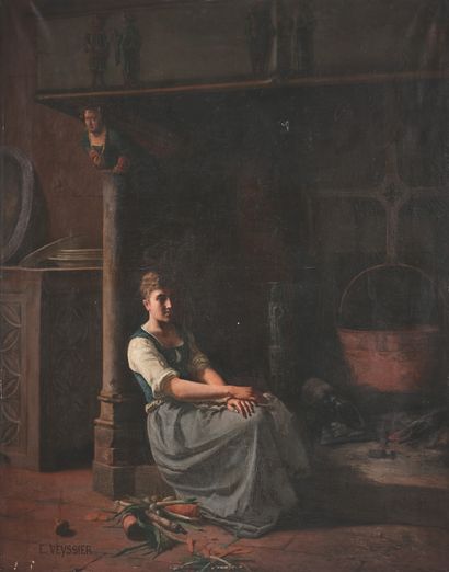 PIERRE ÉMILE A. VEYSSIER (XIXe SIÈCLE) 厨房里的年轻女人
左下角有签名的布面油画。
127,5 x 101 cm。
孔，划...