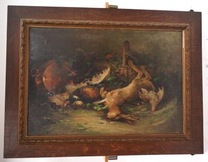 HENRI DELAGE OSTOLLE (?-1900) Nature morte, le retour de la chasse
78 x 114 cm.
Huile...