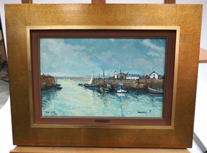 Robert L.P. LAVOINE (1916-1999) Le port d'Honfleur
布面油画，右下角有签名，位于左下角。
背面和画框上有签名。
27...