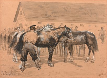 JAN PERDZY?SKI (1869-1902) 哥萨克人照料他们的坐骑
纸上水彩和水粉画，左下角有签名。
视线：25 x 34.5厘米。
安装在一个垫子上...