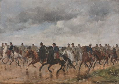 Henry Louis DUPRAY (1841-1909) 骑兵团
布面油画，右下角有签名。
60 x 86 cm。
划痕。
