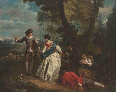 DANS LE GOÛT D'ANTOINE WATTEAU Dancers and musician in an undergrowth (pastoral pleasure)
Canvas.
83...