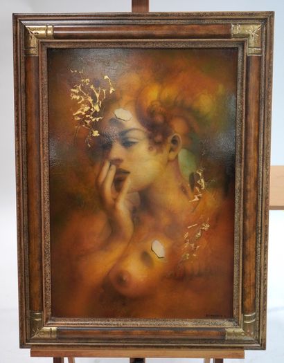Gérard DI MACCIO (1938) 一个女人的肖像
油和粉笔在画布上，有金色的亮点，右下角有签名。
73 x 50厘米。