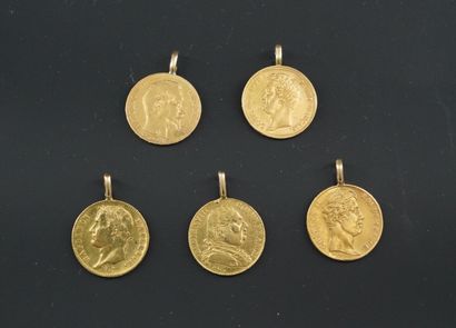 null FIVE PIECES MADE IN GOLD PENDANTS.
1 coin of 20 francs Napoleon, 1810.
1 coin...