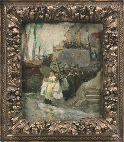 Ecole Moderne, XXe siècle Scene of a procession in a port
Oil on canvas, signed lower...