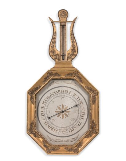 null 气压计 - 温度计 水墨画的表盘，署名罗伯特在凡尔赛，木质和镀金的框架，上面有一个八角形的琴，修复时期。
88.5 x 43.5厘米。