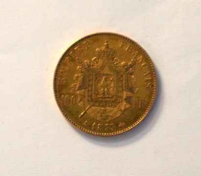 null 1 pièce de 100 francs or 1855 Napoléon III tête nue. Poids : 32,16g.