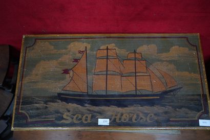 null * Malle captain Moore en bois peint figurant un bateau, petite table sur roulettes,...