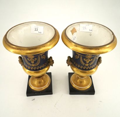 null Paire de vases de forme Médicis en porcelaine bleue et doré à décor néoclassique,...