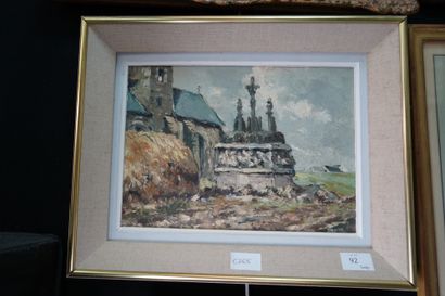 null RENIER Paul Henri, Paysage au calvaire breton, huile sur isorel. 31 x 22 cm...