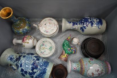 null Réunion de vases, théière, statuette coq en porcelaine émaillée polychrome Chine...